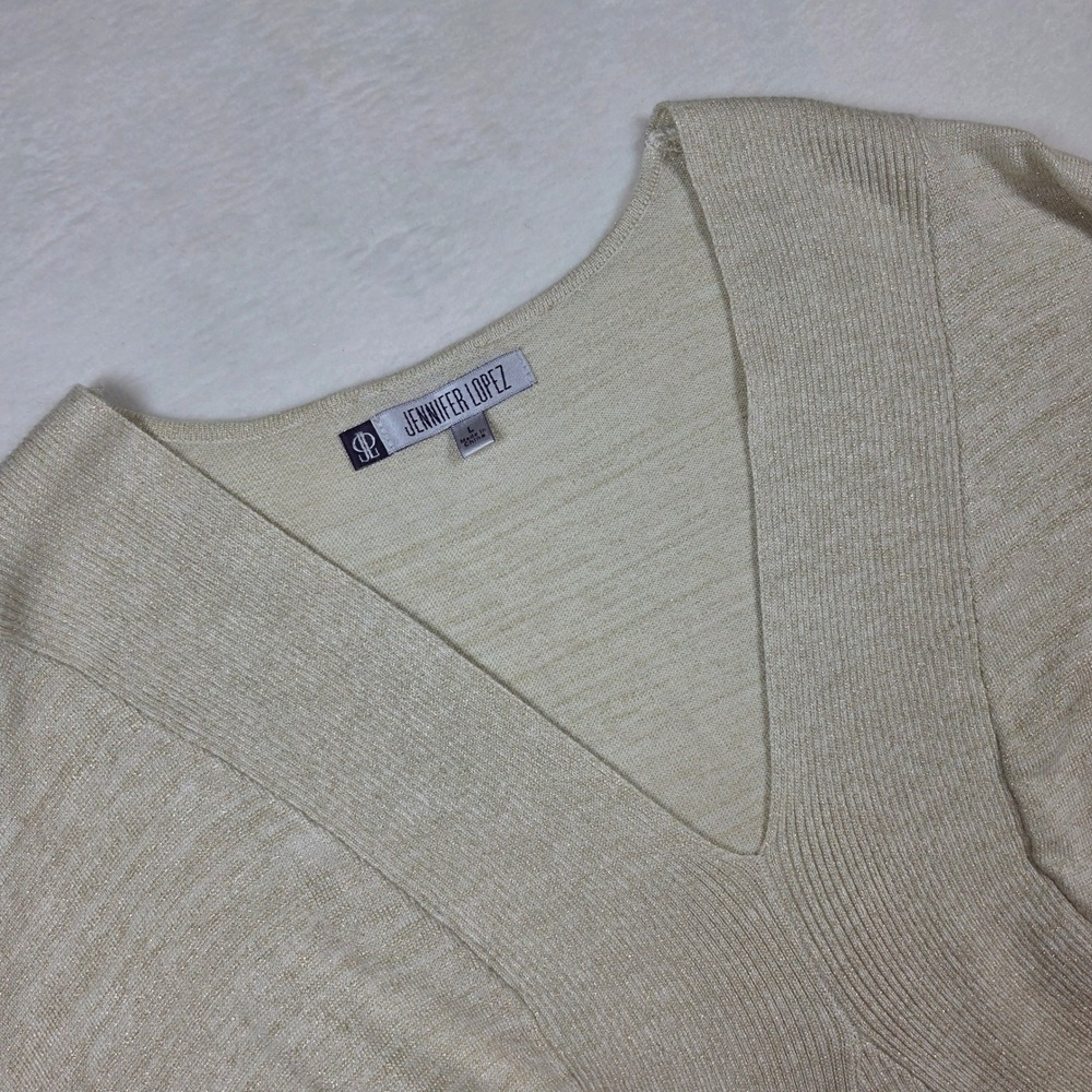 Jennifer Lopez Gold‎ Metallic V-Neck Batwing Sleeve Knit Sweater Large